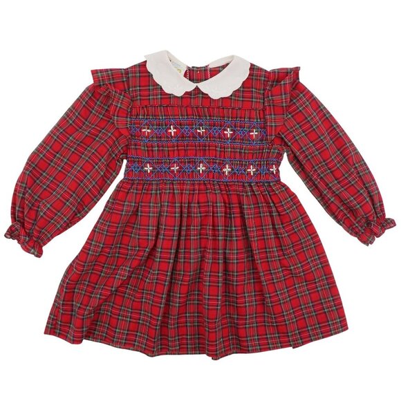 VTG Happy Kids Girls 5 Red Plaid Tartan Check White Collar Smocked Dress Holiday - Picture 1 of 13